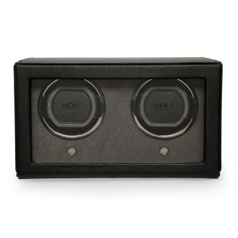 Black leather double watch winder with two circular rotating cups and control buttons.