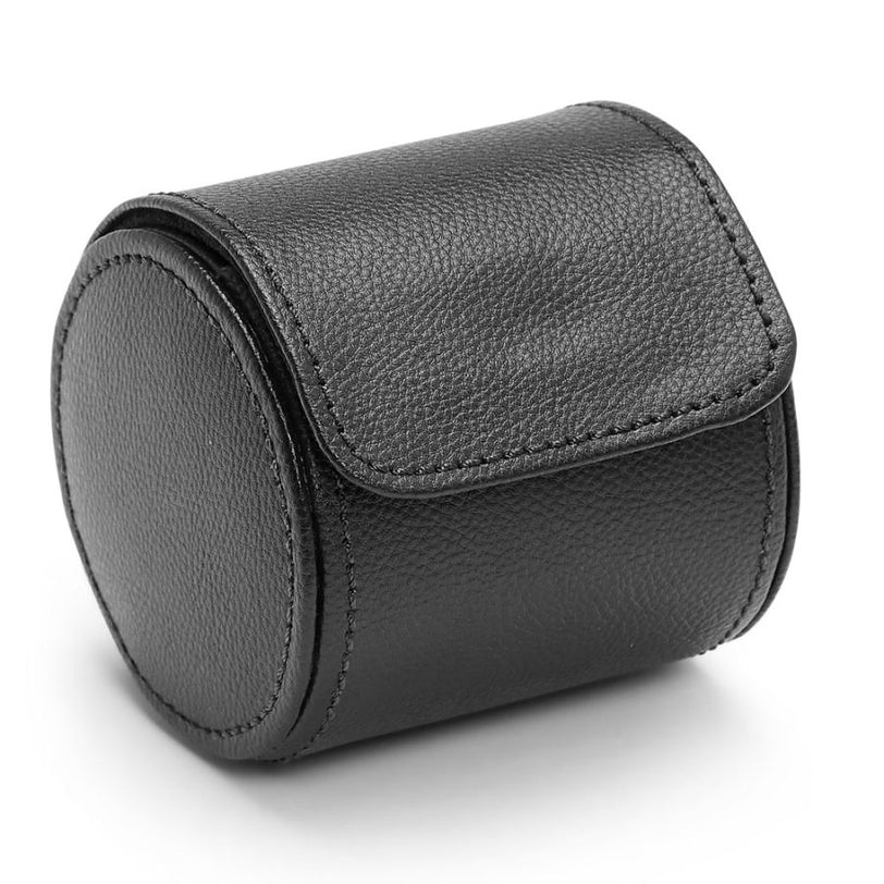 Black leather cylindrical watch roll with curved flap closure and stitched seams.