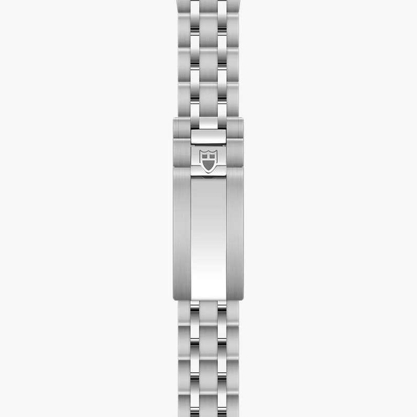 Stainless steel watch bracelet with three-link construction and shield logo clasp.