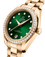 OMEGA Seamaster Aqua Terra 150M 30mm, Moonshine™ gold on Moonshine™ gold Watch, with a Diamond Bezel and Green Dial with Diamond Markers on a Moonshine™ gold integrated bracelet.