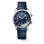 The Longines Legend Diver features a blue strap, blue dial, silver hour markers, and two crowns on the right side.