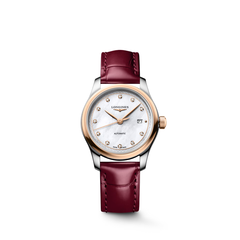 Master | 30mm, Stainless Steel and 18K Rose Gold, White mother-of-pearl Dial, Bordeaux Alligator Leather, Womens Watch