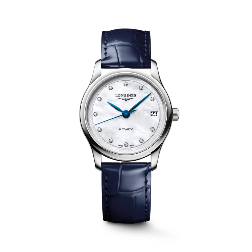Master | 34mm, Stainless Steel, White mother-of-pearl Dial, Blue Alligator Leather, Womens Watch