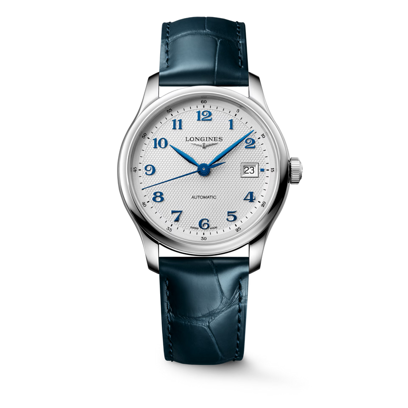 Master | 39mm, Stainless Steel, Silver "barleycorn" Dial, Blue Alligator Leather, Mens Watch