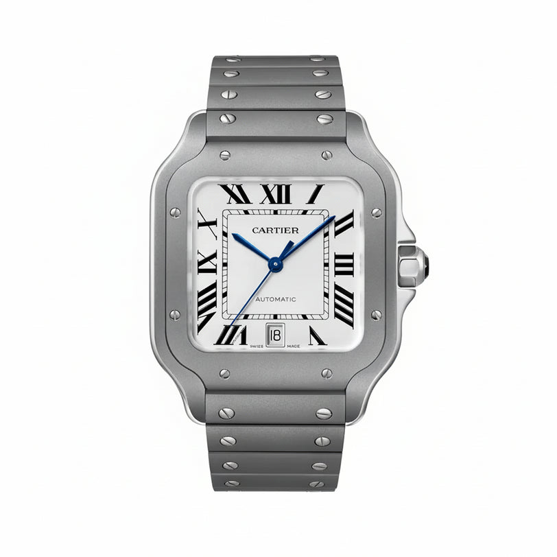 The Cartier Santos De Cartier Large Model features a silver square face, Roman numeral markers, blue hands, automatic movement, a 6 o’clock date window, and a metal bracelet with visible screw details.