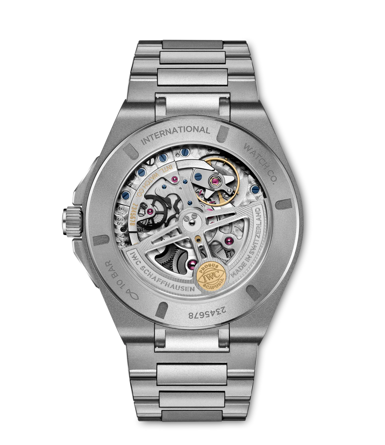 Stainless steel watch with visible skeleton dial showing mechanical movement, bracelet strap, and IWC branding on case back.