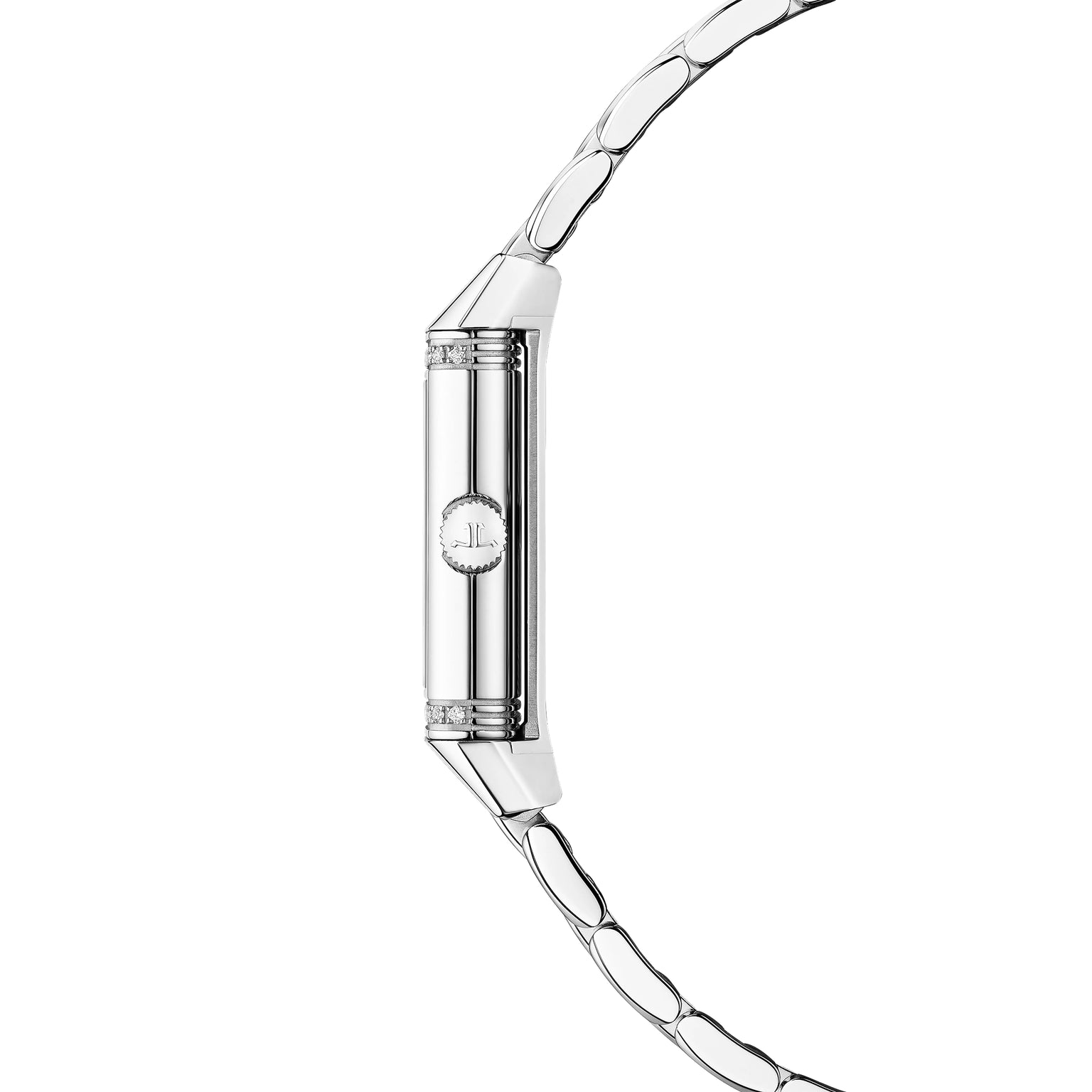 Silver-toned rectangular watch with linked bracelet, circular dial, and flip case design shown from the side.