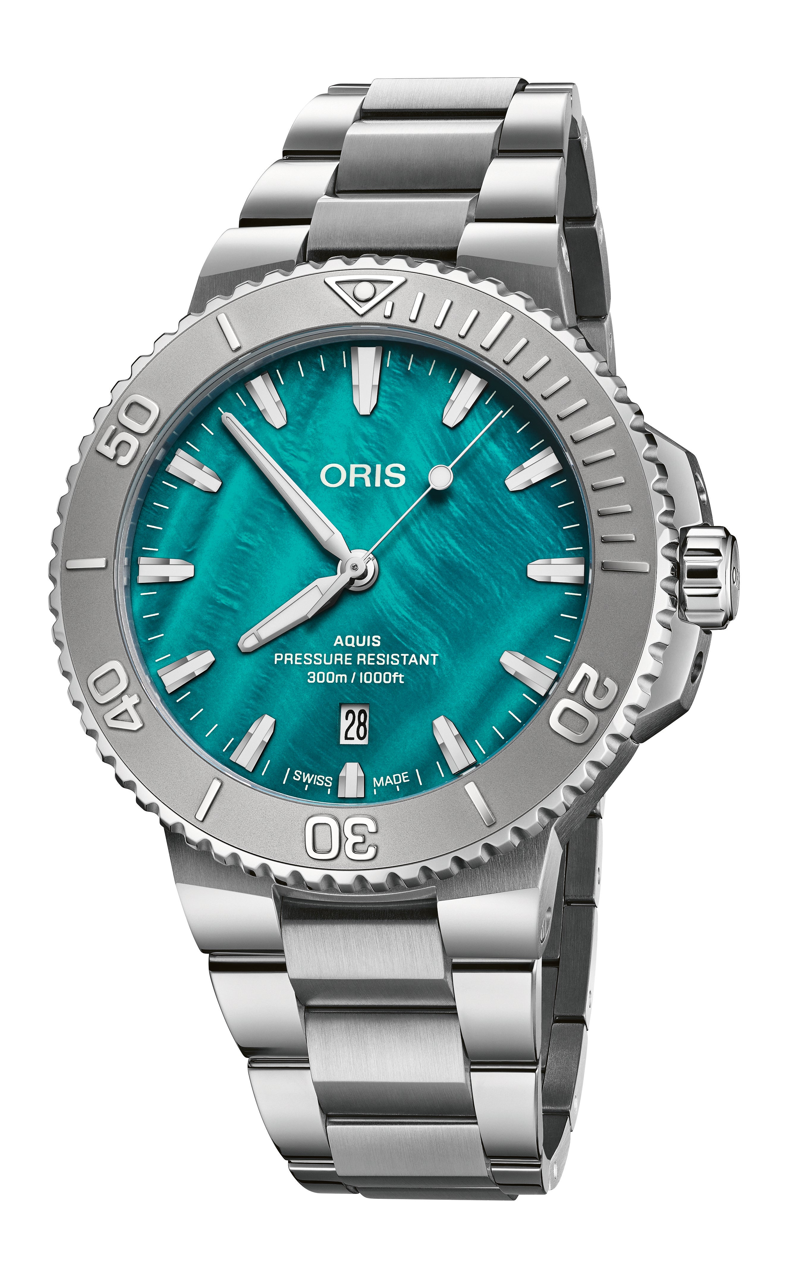 The Oris New York Harbor Limited Edition II dive watch features a stainless steel case, teal marbled dial, silver markers and hands, rotating bezel, date at 6 o’clock, link bracelet, and reliable automatic movement.