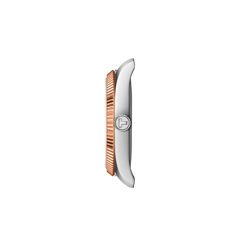 Wristwatch with rose gold and silver design on a white background