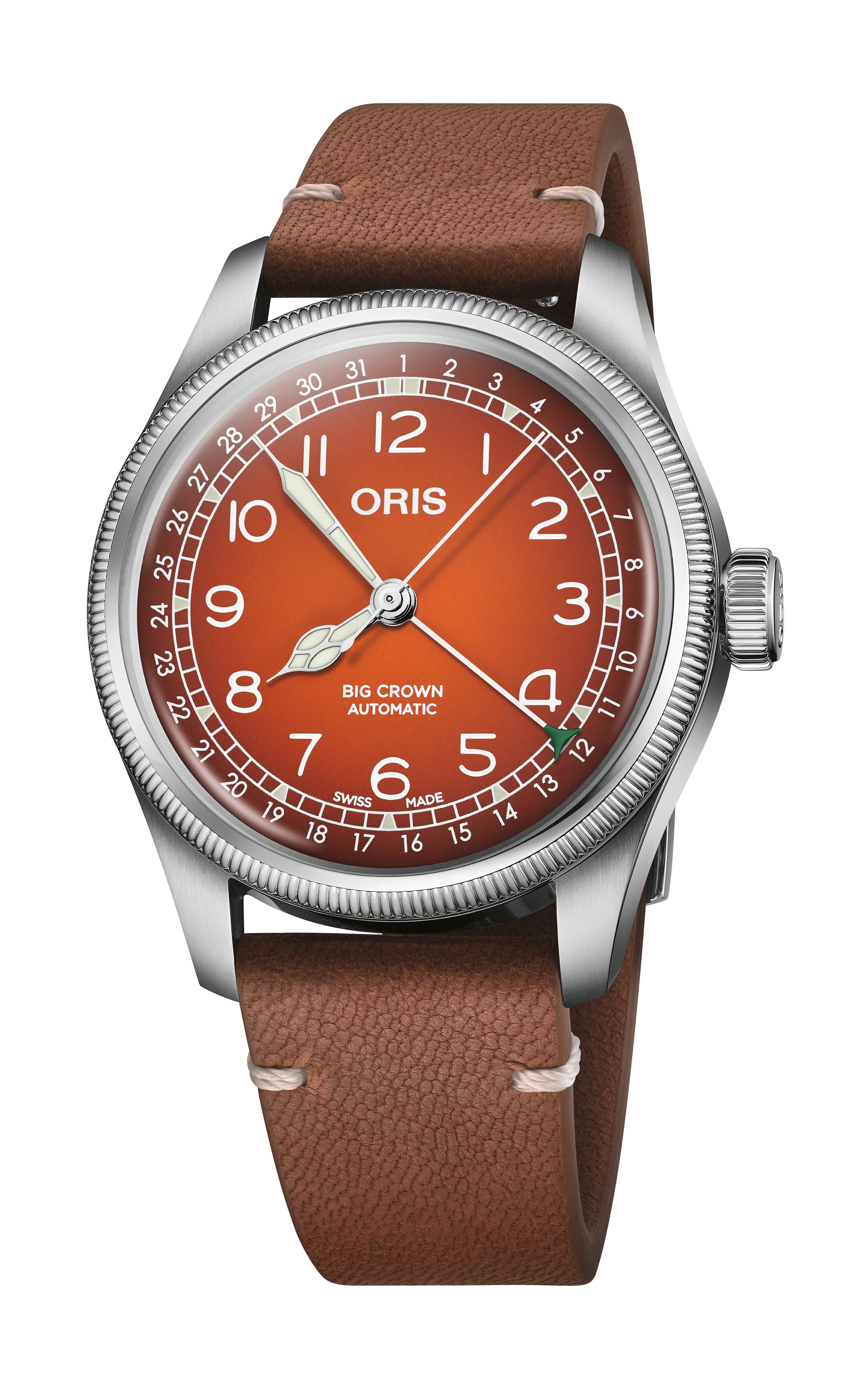 The Oris x Cervo Volante is a Swiss automatic watch in stainless steel, featuring a burnt orange dial, white Arabic numerals, and a sustainable deer leather strap. Classic details include a fluted bezel, date ring, and “Big Crown Automatic” text.