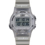 Timex Ironman digital watch with clear case and gray band on a white background