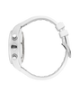 White chronograph watch with round dial, three subdials, pushers on side case, and white rubber strap shown from side view.