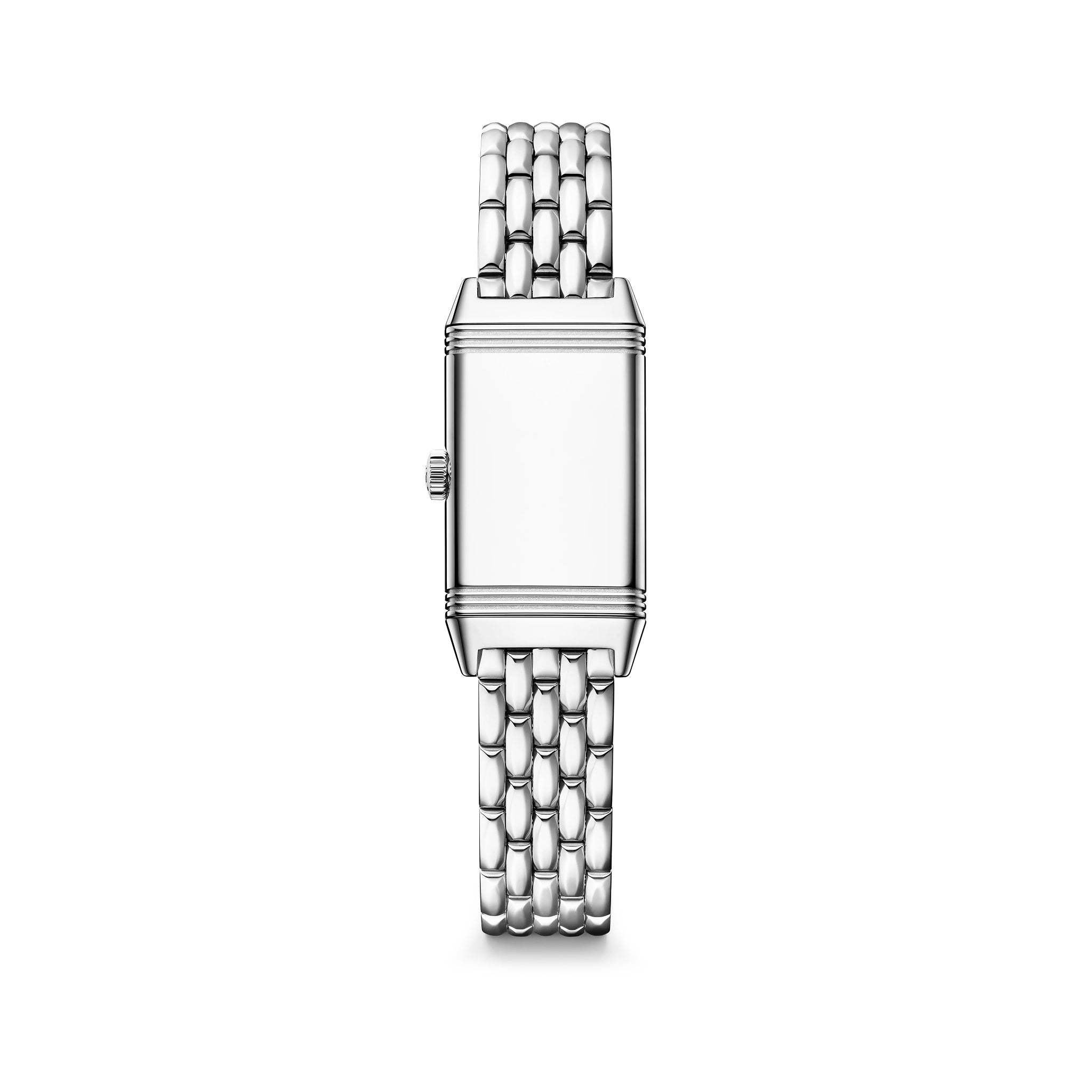 Rectangular stainless steel watch with blank dial and linked metal bracelet.