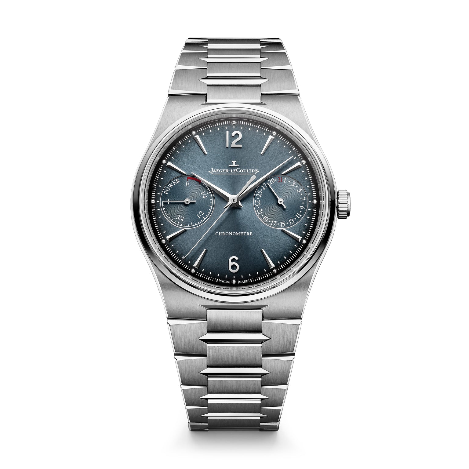 Stainless steel watch with blue dial, date window, power reserve indicator, and three subdials on metal bracelet.