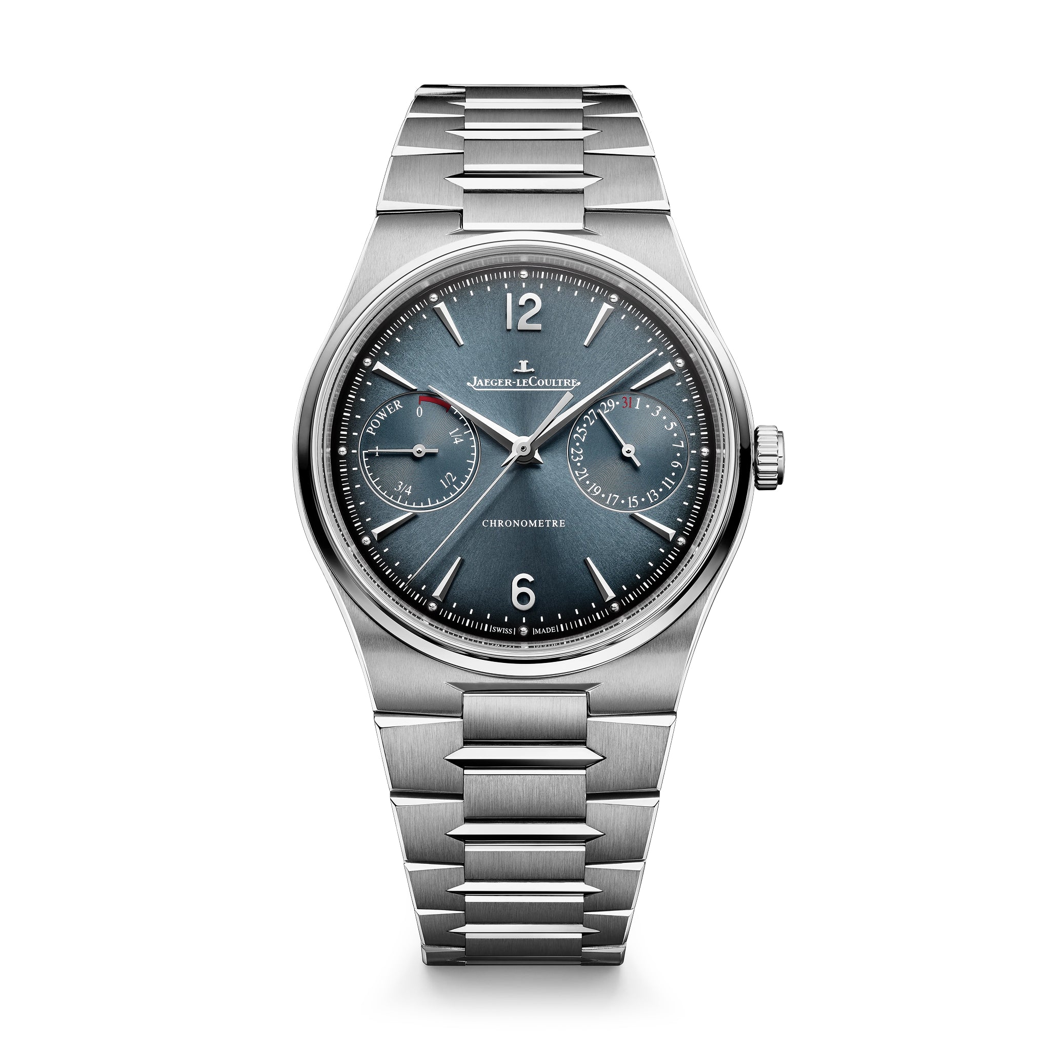 Stainless steel watch with blue dial, date window, power reserve indicator, and three subdials on metal bracelet.
