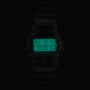 Digital watch with green display on a black background