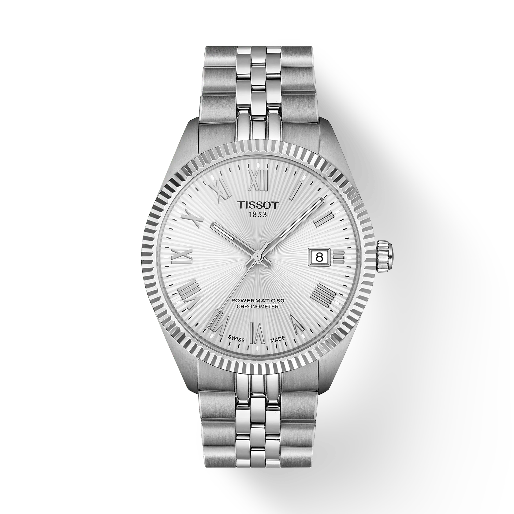 The Tissot Ballade 39 features a silver metal link band, textured silver dial, Roman numerals and indexes, date at 3 o'clock, and a COSC-certified Powermatic 80 movement.