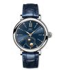 Silver-tone watch with dark blue dial, Roman numerals, diamond hour markers, and moon phase subdial on blue leather strap.