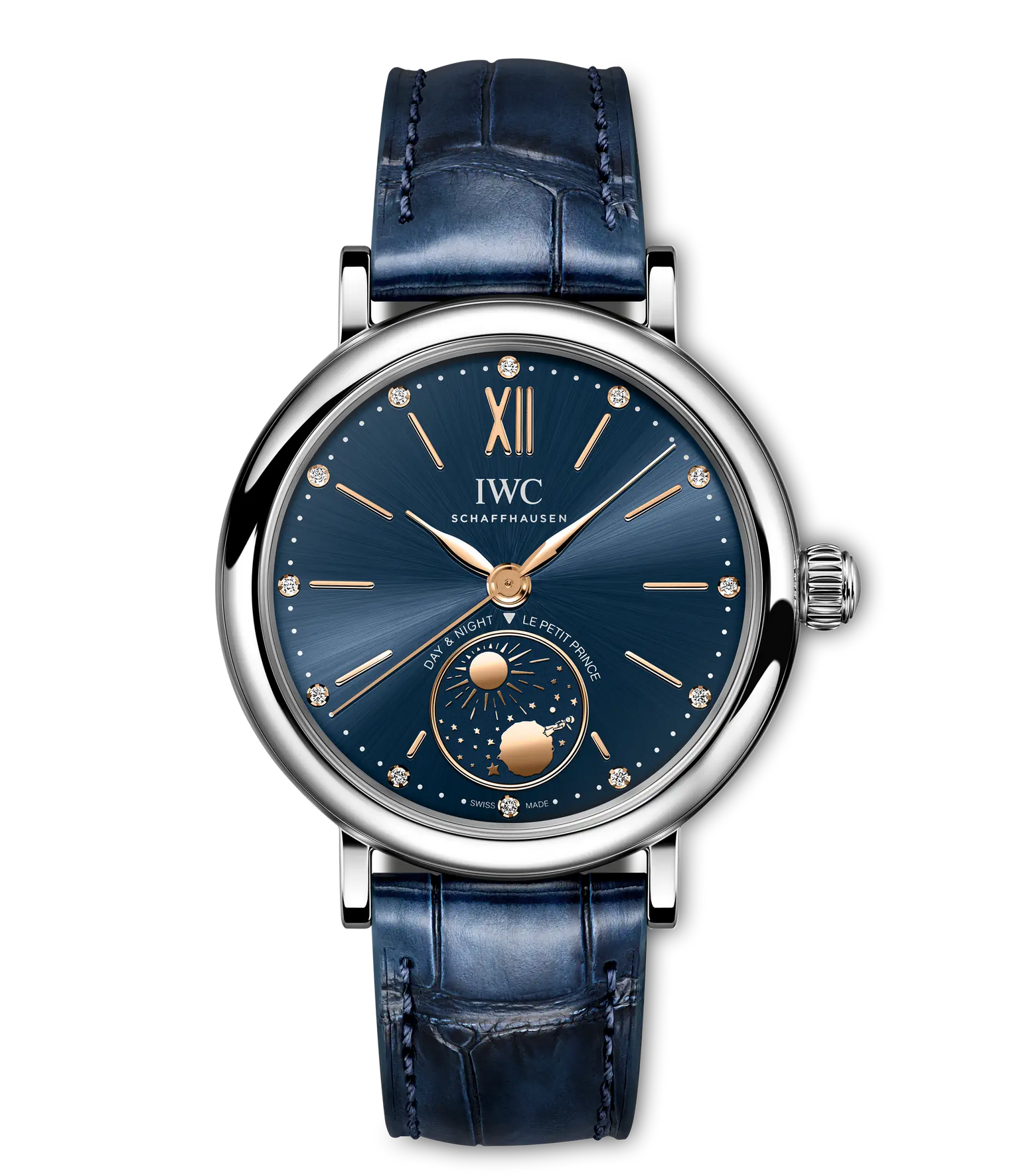 Silver-tone watch with dark blue dial, Roman numerals, diamond hour markers, and moon phase subdial on blue leather strap.