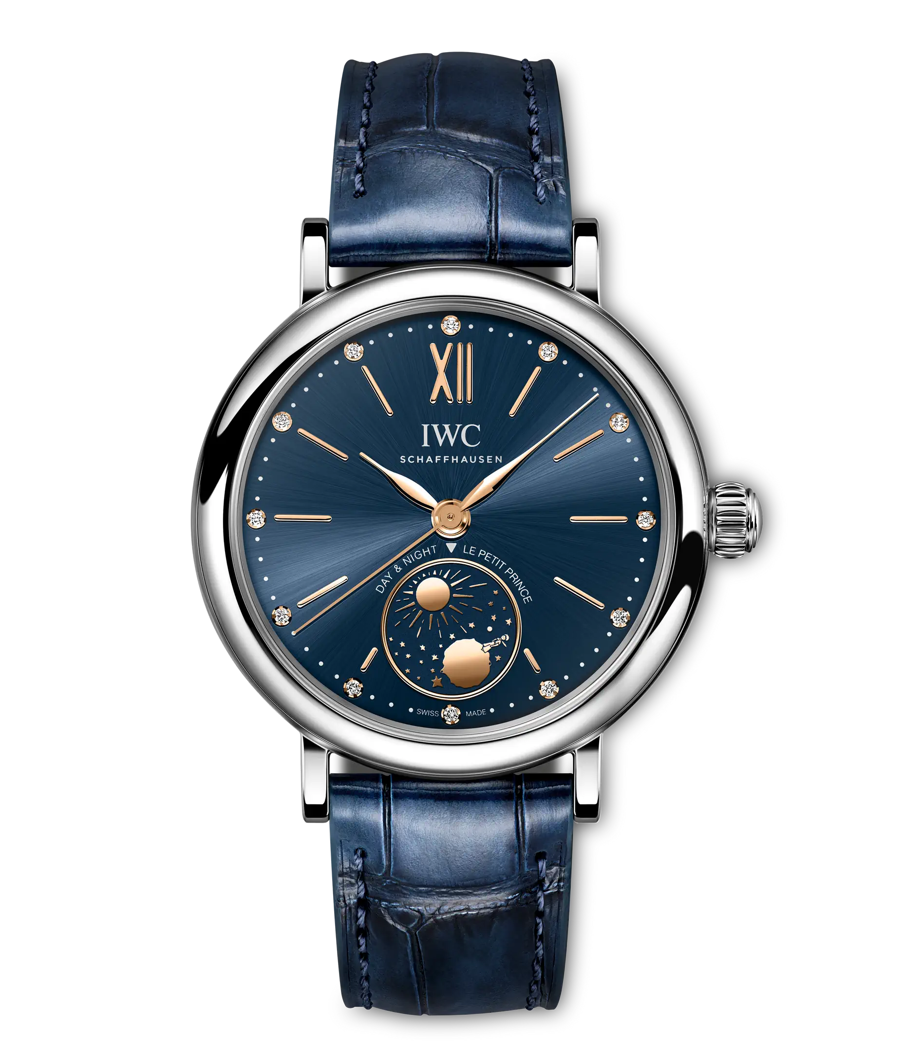 Silver-tone watch with dark blue dial, Roman numerals, diamond hour markers, and moon phase subdial on blue leather strap.