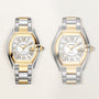 Two-tone Cartier Roadster watches with silver and gold cases, white dials, Roman numerals, and matching two-tone bracelets.
