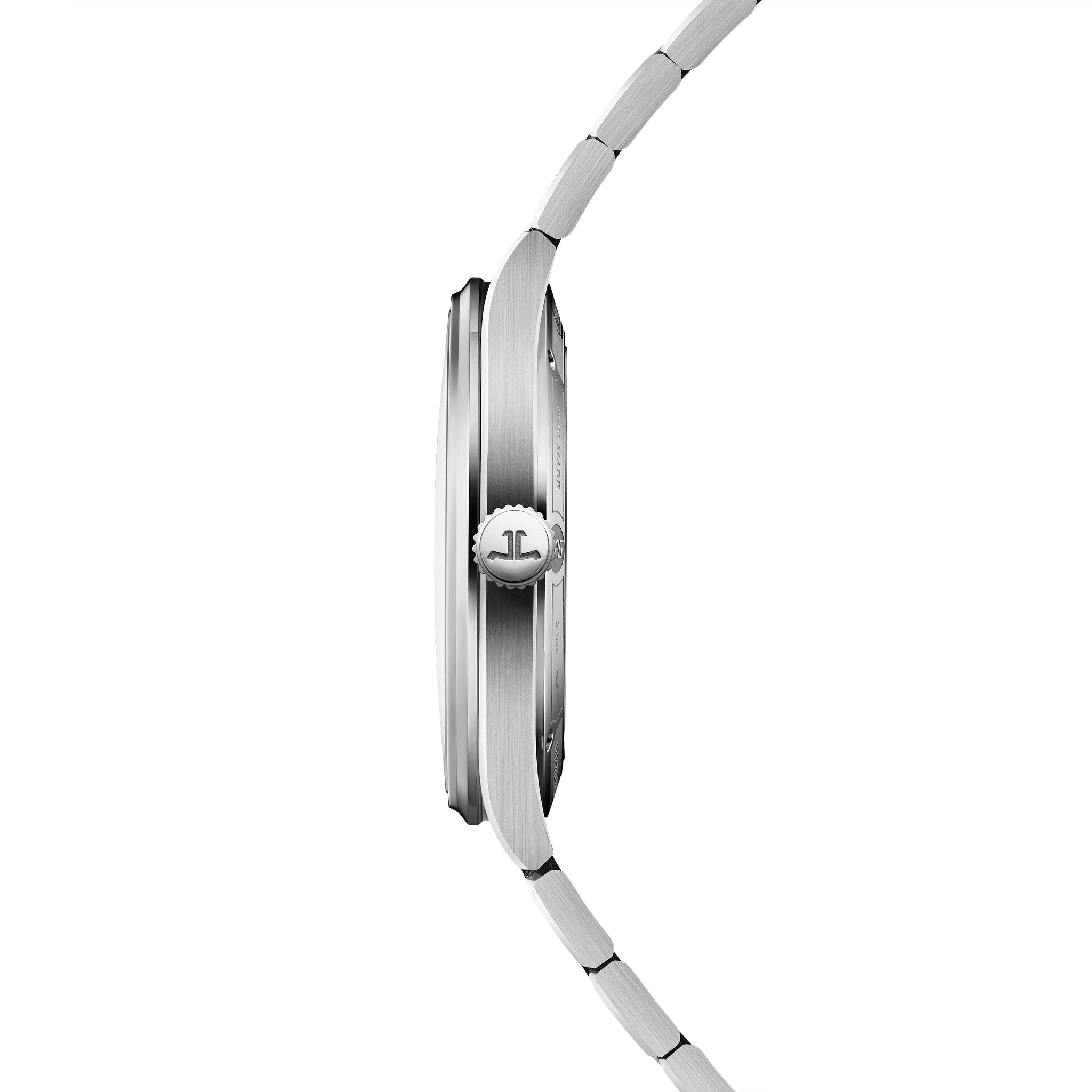Silver-tone watch with brushed case, crown at 3 o'clock, and metal bracelet, shown in side profile.