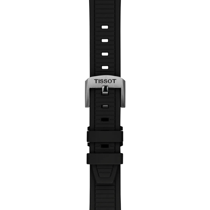 Black watch strap with Tissot logo on a white background