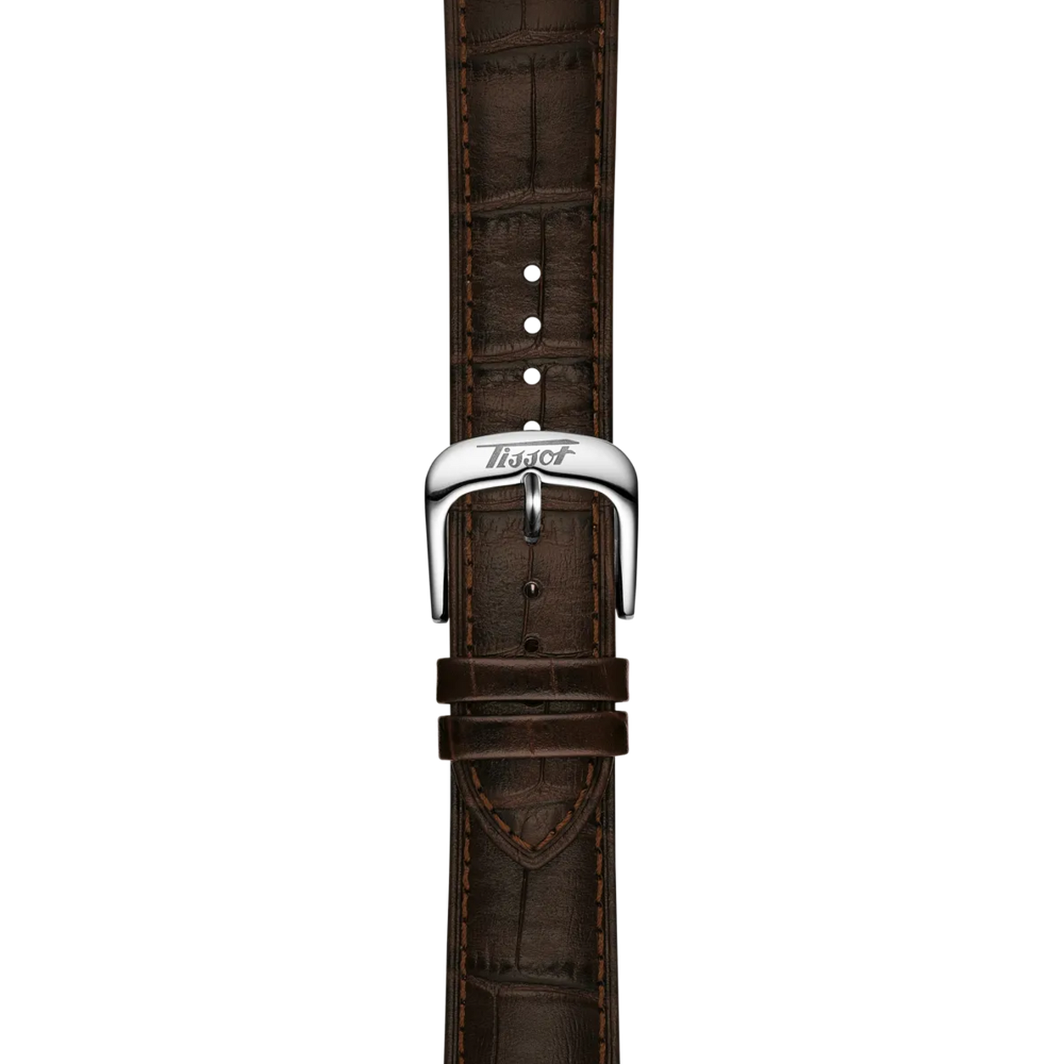 Dark brown crocodile leather watch strap with silver-tone buckle and white stitching holes.