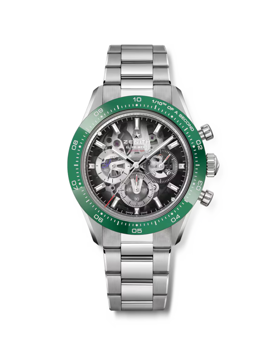 Stainless steel chronograph watch with green bezel, black skeleton dial, and three subdials on metal bracelet.