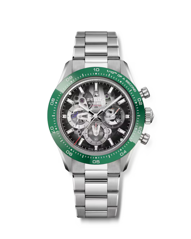 Stainless steel chronograph watch with green bezel, black skeleton dial, and three subdials on metal bracelet.