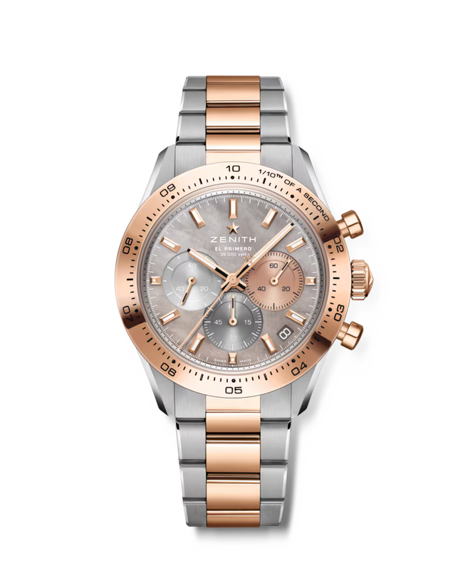 Two-tone chronograph watch with rose gold bezel, silver dial, and alternating silver and rose gold bracelet links.