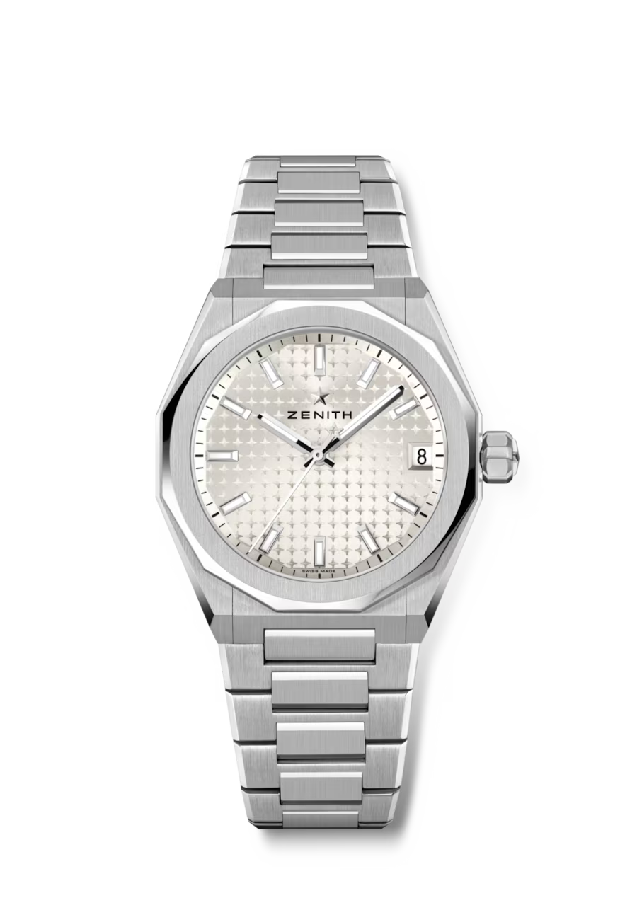 Zenith stainless steel watch with textured cream dial, date window, and matching bracelet band.
