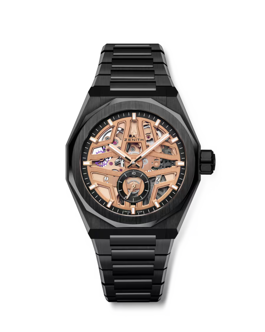 Black stainless steel watch with skeletonized rose gold dial showing visible mechanical movement and black metal bracelet.