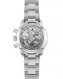 Silver stainless steel chronograph watch with visible skeleton dial movement, three subdials, and matching metal bracelet.