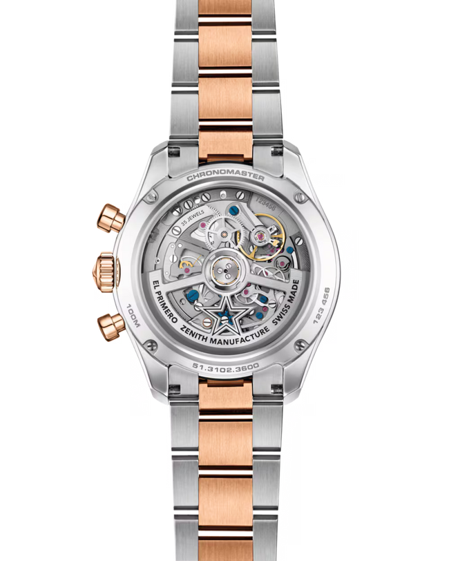 Two-tone stainless steel and rose gold chronograph watch with visible skeleton movement and three subdials.