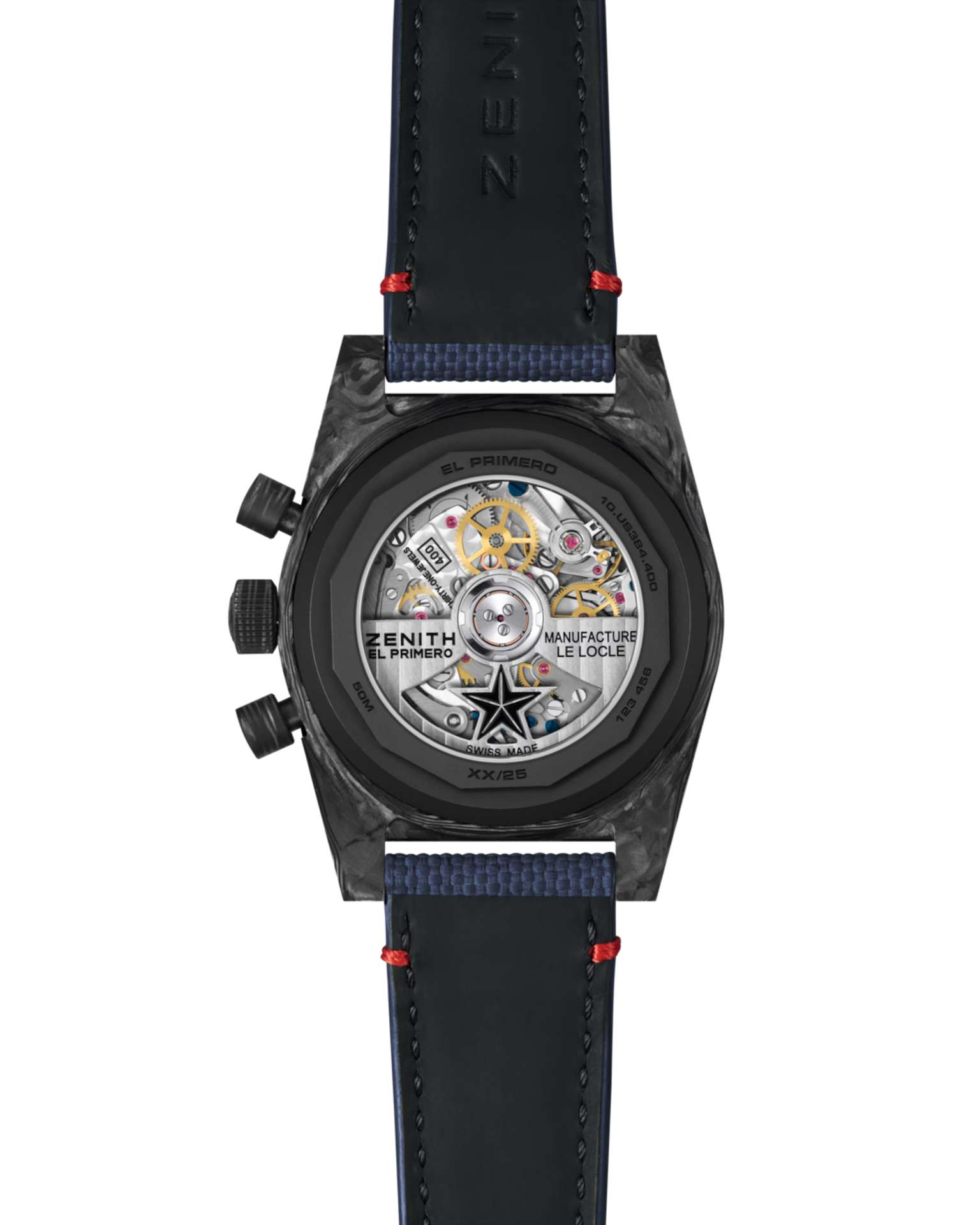 Back view of a Zenith watch with visible mechanical components on a black background
