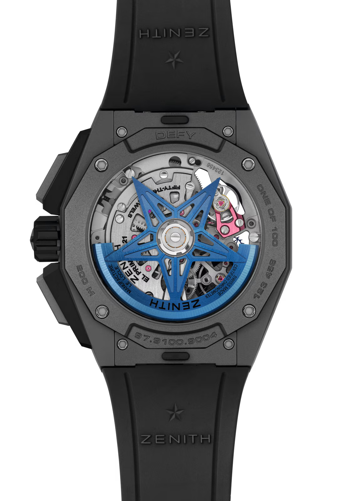 Close-up of the Zenith Defy Extreme Chroma's transparent case back reveals the El Primero 9004 movement, blue rotor, black microblasted titanium chronograph case, and black rubber strap with Zenith branding.