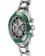 Zenith chronograph watch with green bezel, skeletal black dial, three subdials, and two-tone stainless steel bracelet.