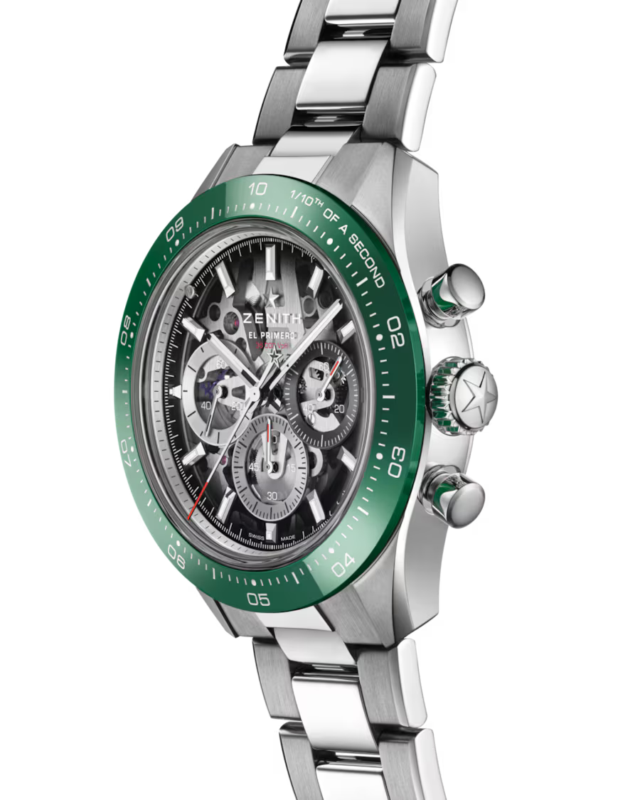 Zenith chronograph watch with green bezel, skeletal black dial, three subdials, and two-tone stainless steel bracelet.