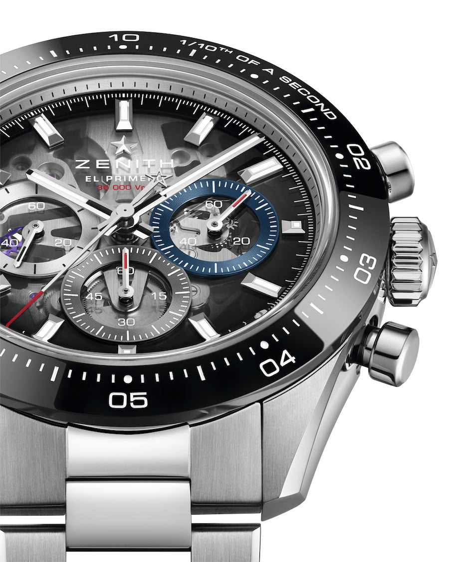Silver and black chronograph watch with black bezel, multiple subdials, and metal bracelet.