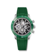 Chronograph sports watch with silver case, green rubber strap, and skeletonized dial displaying exposed movement.