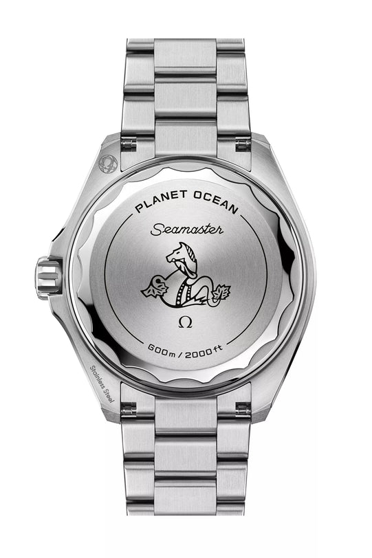 Back view of the OMEGA Seamaster Planet Ocean 600mm shows an engraved seahorse, “PLANET OCEAN,” “Seamaster,” “600 m / 2000 ft,” and the Omega logo on its stainless steel case back.