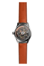 Stainless steel watch with skeleton dial and rust-colored leather strap.
