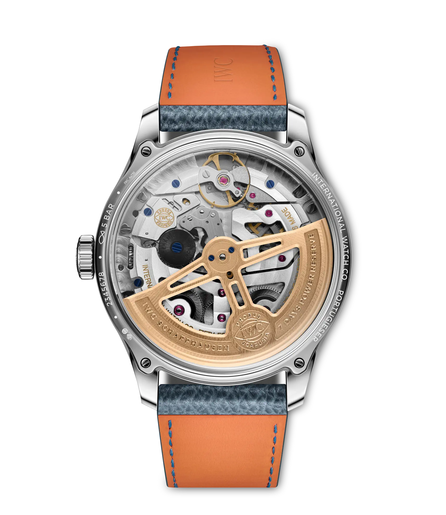 The back of the IWC Schaffhausen Portugieser Perpetual Calendar 44 showcases its intricate movement, gold rotor, and engravings. It features a blue and orange leather strap and a stainless steel case inspired by the iconic Portugieser design.