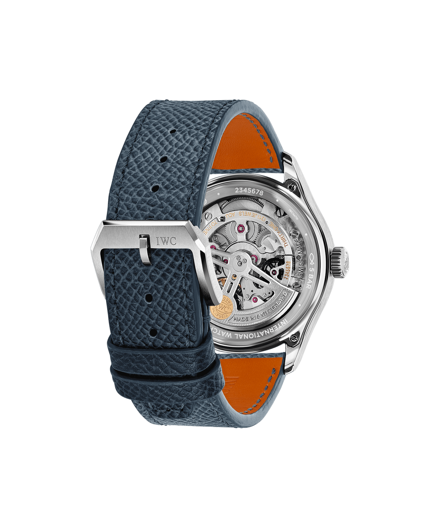 The IWC Schaffhausen Portugieser Automatic 40 features a blue textured leather strap and a transparent case back displaying its mechanical movement, shown against a white background.