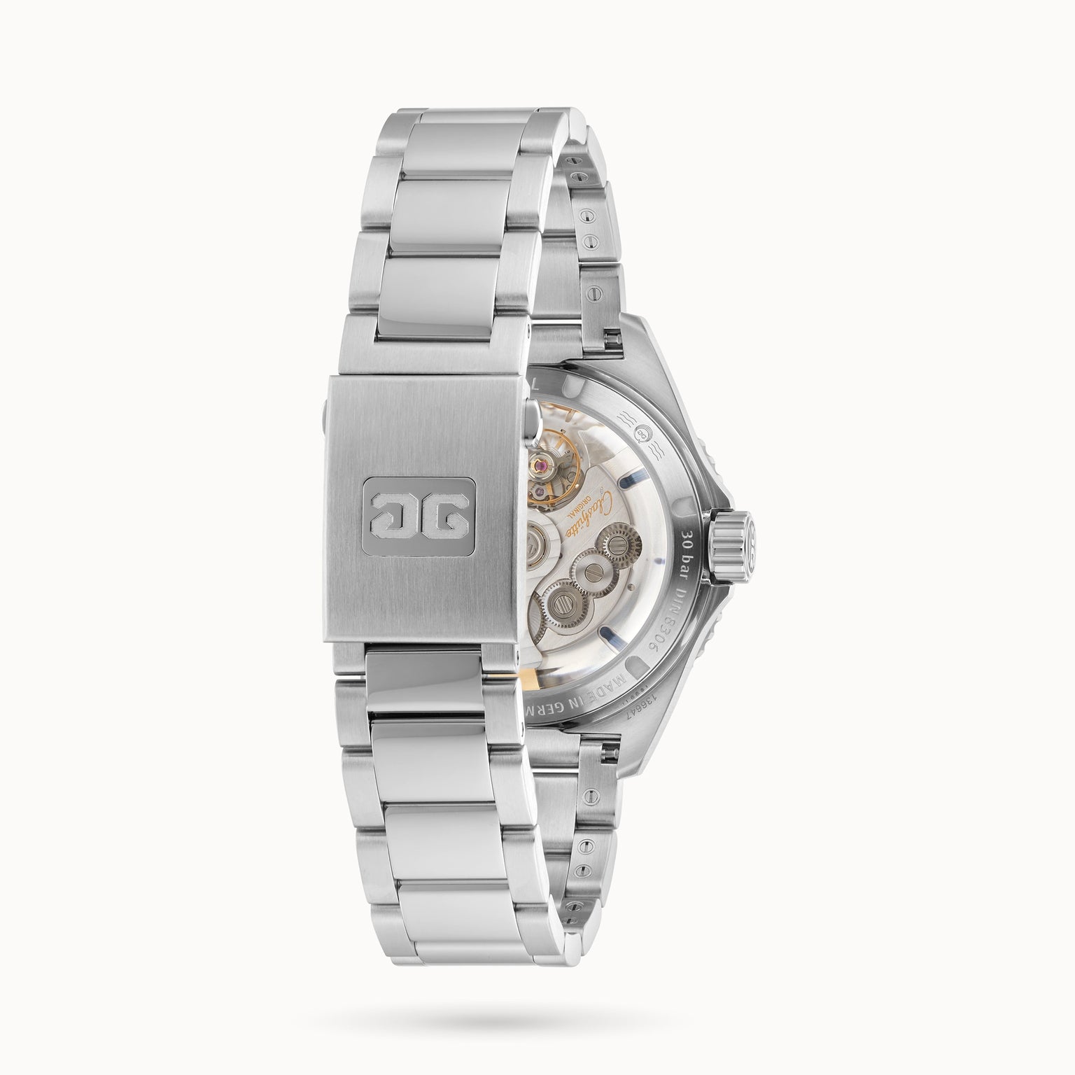 The Glashütte Original SeaQ Panorama Date wristwatch features a silver stainless steel back with a transparent case, revealing its intricate internal mechanisms for added aesthetic appeal.