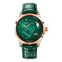 The Glashütte Original PanoMaticLunar is a luxury watch from the Pano Collection with a green dial, leather strap, rose gold case, date display, subdials, and moon phase—exemplifying German watchmaking excellence.