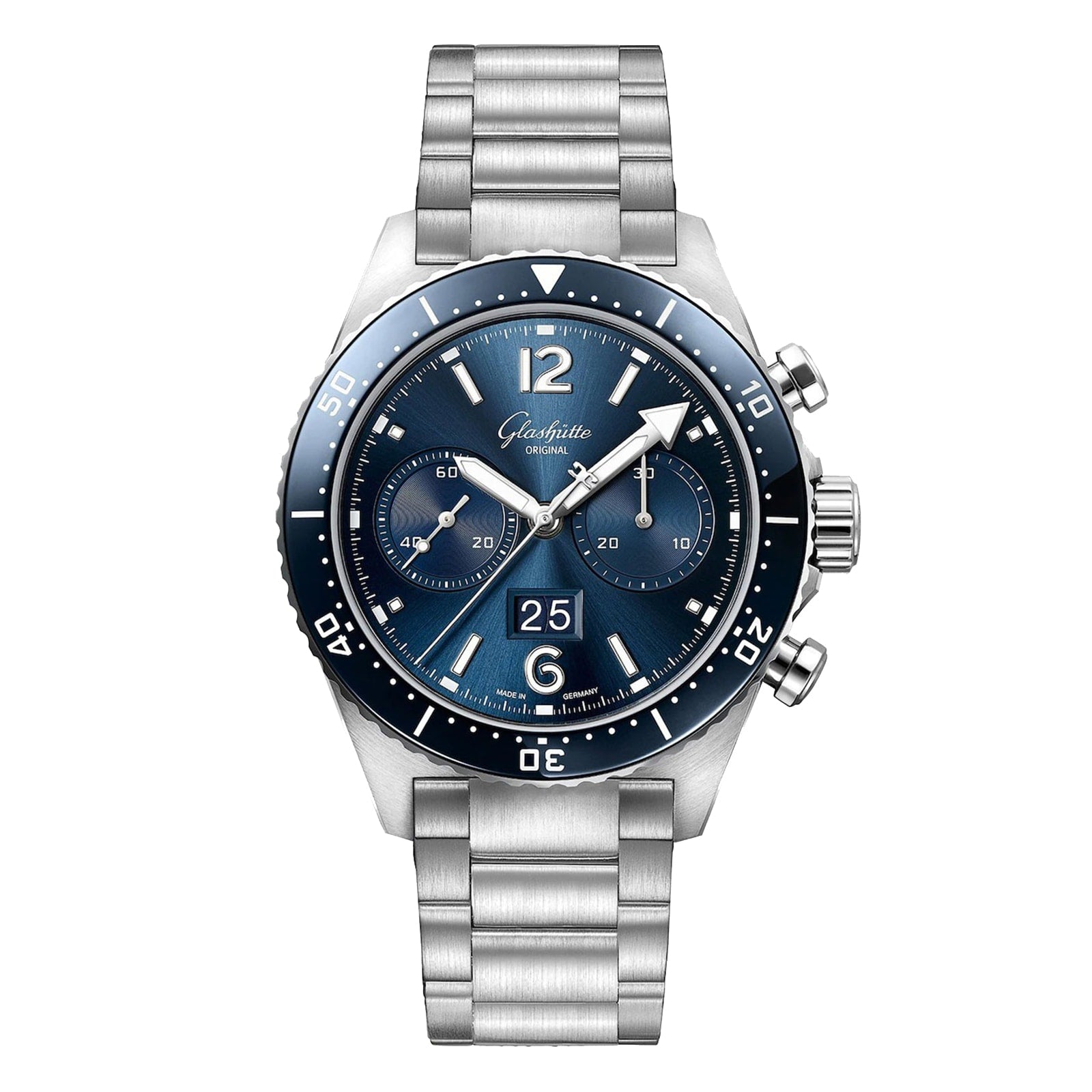 The Glashütte Original SeaQ Chronograph is a stainless steel wristwatch featuring a blue dial, silver hour markers, two subdials, date window, automatic movement, and a metal link bracelet.