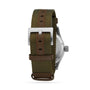 Back view of the Hamilton Khaki Field Mechanical watch featuring a green fabric strap, brown leather accents, and a silver buckle.