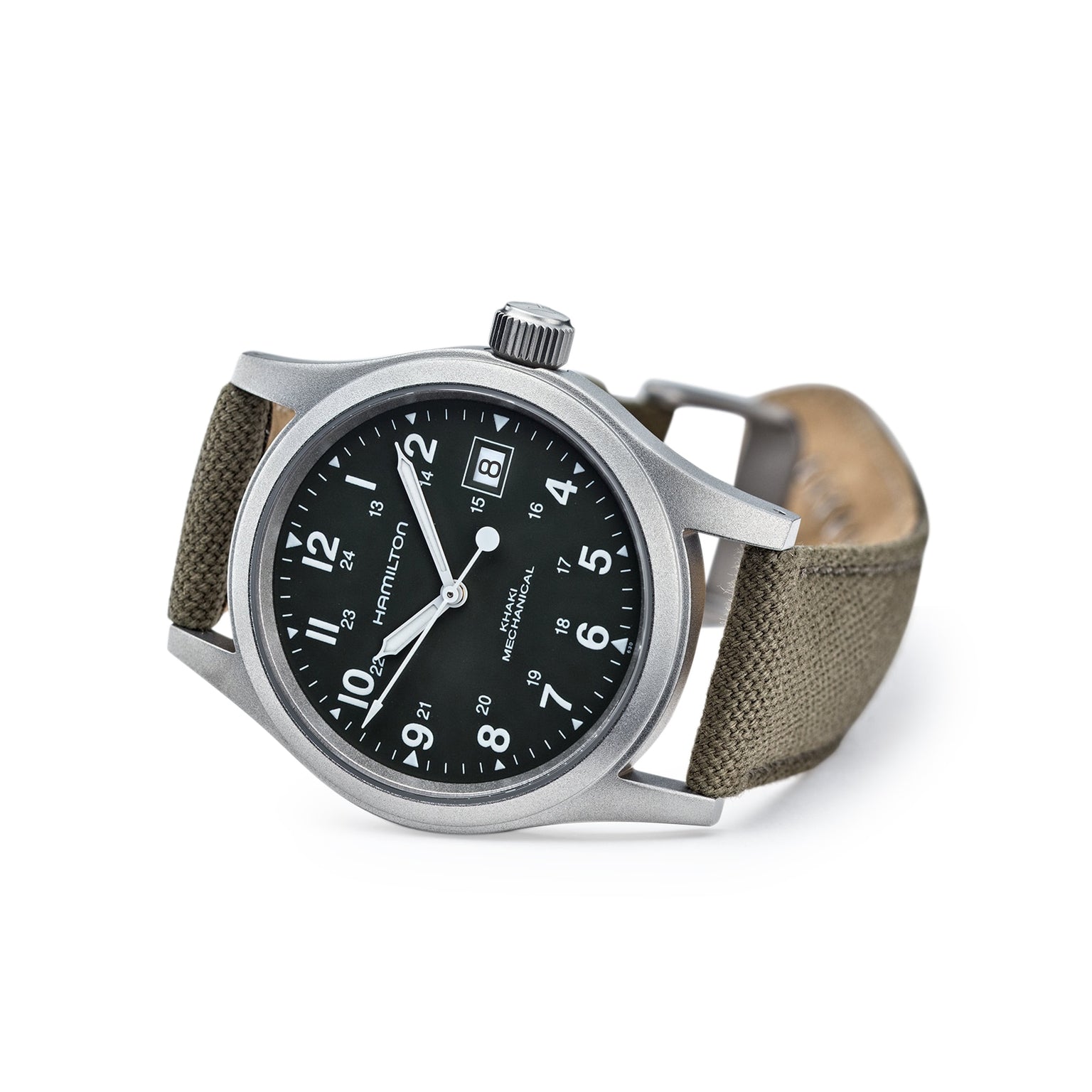 The Hamilton Khaki Field Mechanical wristwatch features a black dial with white numerals and an olive green fabric strap, displayed at an angle.